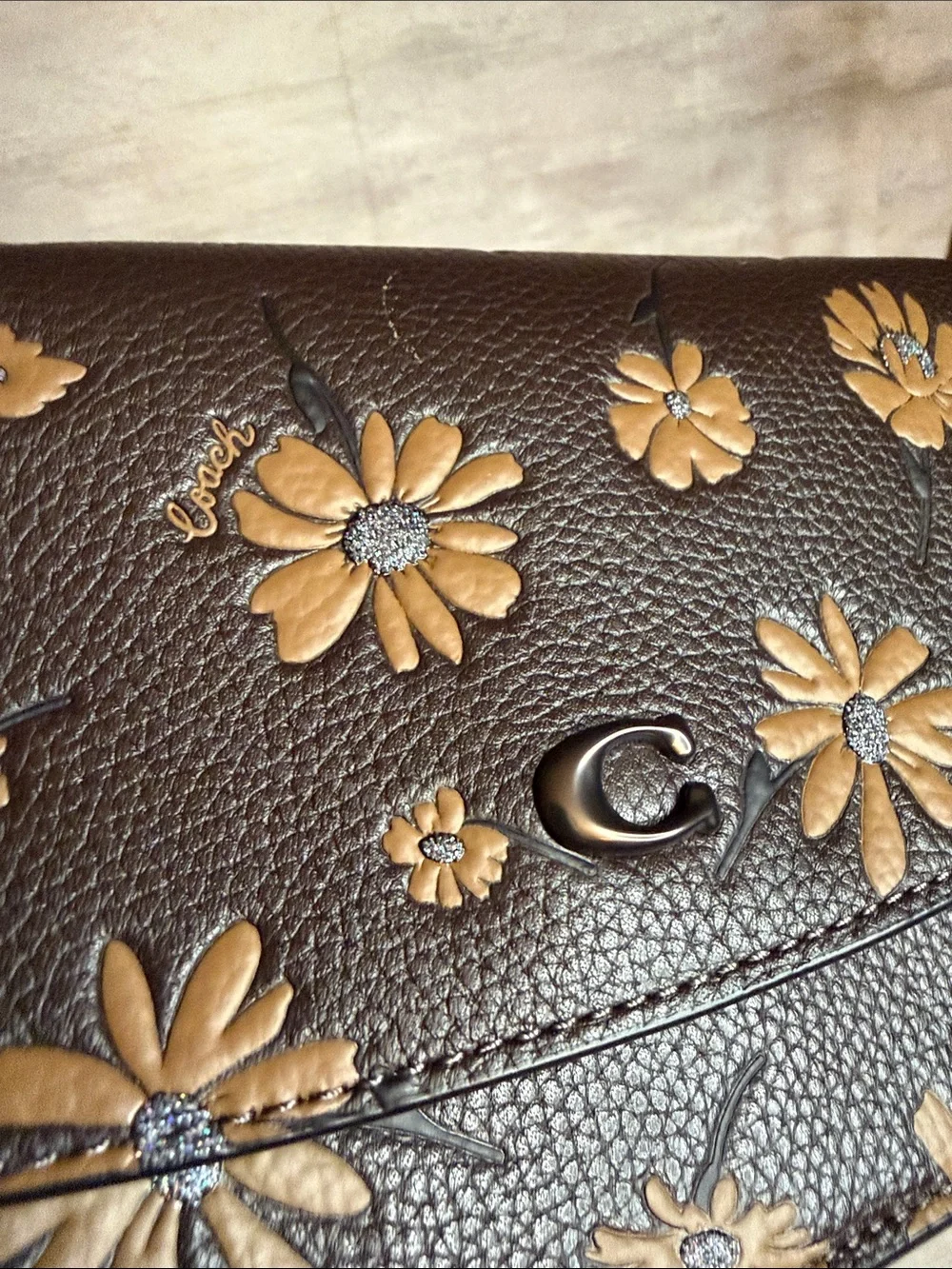 COACH- Hayden Brown Floral Leather Crossbody Bag with Tan Flowers NWT